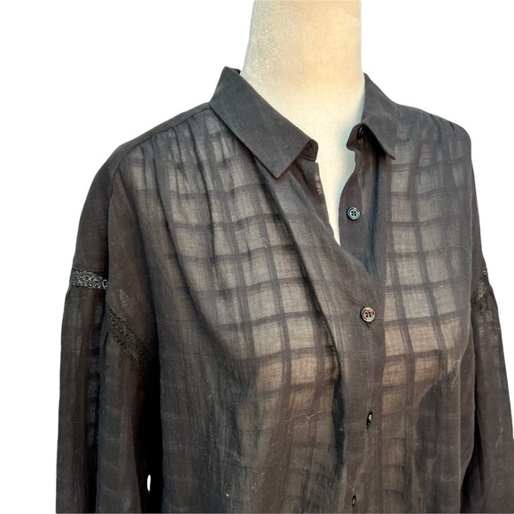 𝅺NWT Anthropologie See U Soon Button Up Windowpane Semi-Sheer Black Blous… - Picture 2 of 11